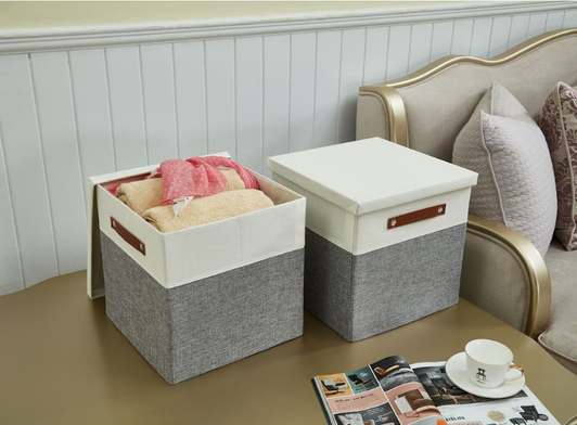 DECOMOMO Stackable 3 Packs Foldable Storage Bins w/ Lids - Grey and White 14x16x4" (Set of 3) - Neatly Organize with Style-A2ZHOME
