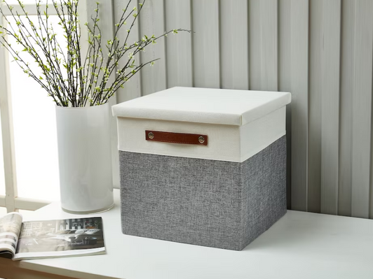 DECOMOMO Stackable 3 Packs Foldable Storage Bins w/ Lids - Grey and White 14x16x4" (Set of 3) - Neatly Organize with Style-A2ZHOME