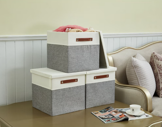 DECOMOMO Stackable 3 Packs Foldable Storage Bins w/ Lids - Grey and White 14x16x4" (Set of 3) - Neatly Organize with Style-A2ZHOME