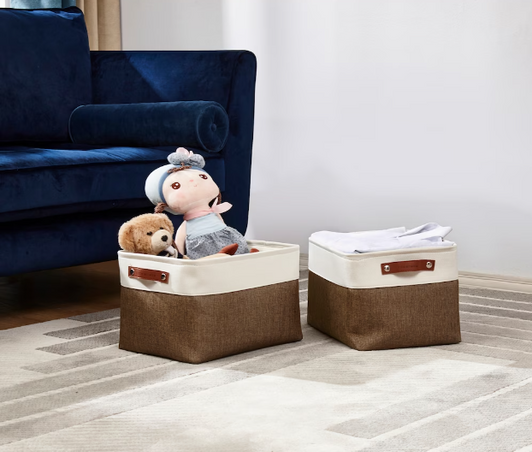 DECOMOMO Extra Large Foldable Fabric Storage Bins w/Handles - Brown and White 14x16x4" (Set of 3) - Spacious and Stylish Storage-A2ZHOME