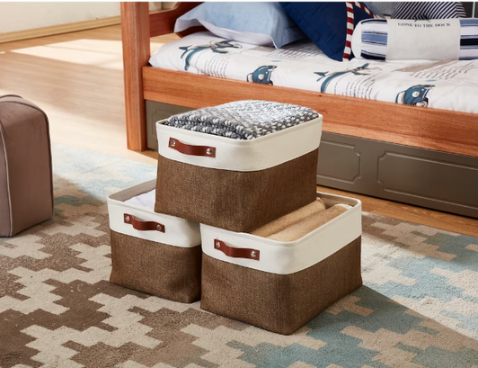 DECOMOMO Extra Large Foldable Fabric Storage Bins w/Handles - Brown and White 14x16x4" (Set of 3) - Spacious and Stylish Storage-A2ZHOME