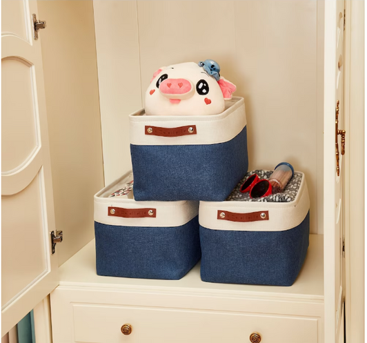 DECOMOMO Extra Large Foldable Fabric Storage Bin with Handles - Navy Blue and White14" X 16" X 4" (Set of 3)-A2ZHOME