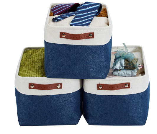 DECOMOMO Extra Large Foldable Fabric Storage Bin with Handles - Navy Blue and White14" X 16" X 4" (Set of 3)-A2ZHOME