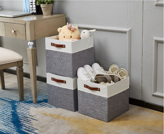 DECOMOMO 11" Cube Collapsible Sturdy Storage Bin - Grey and White (11" X 13" X 6") - Versatile and Stylish Storage Solution (Set of 4)-A2ZHOME