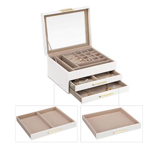 Boutique Home 3-Layer Jewelry Organizer Box with 2 Drawers and Glass Lid - Elegant Storage Solution (5" X 5" X 7")-A2ZHOME