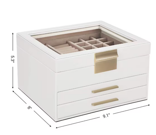 Boutique Home 3-Layer Jewelry Organizer Box with 2 Drawers and Glass Lid - Elegant Storage Solution (5" X 5" X 7")-A2ZHOME