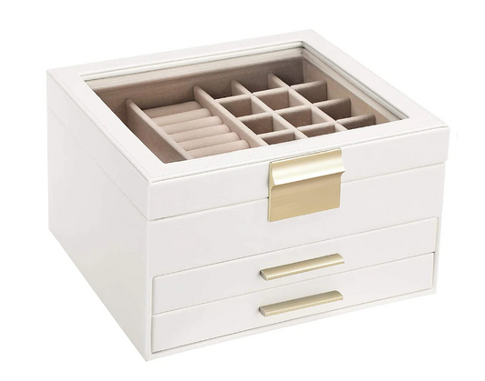 Boutique Home 3-Layer Jewelry Organizer Box with 2 Drawers and Glass Lid - Elegant Storage Solution (5" X 5" X 7")-A2ZHOME