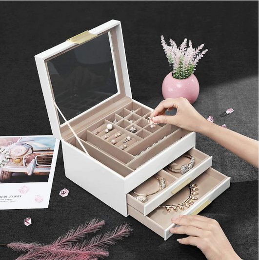 Boutique Home 3-Layer Jewelry Organizer Box with 2 Drawers and Glass Lid - Elegant Storage Solution (5" X 5" X 7")-A2ZHOME