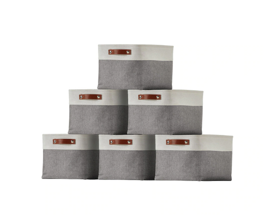 DECOMOMO Large 6 Packs Foldable Storage Bin with Handles - Grey and White - 12" X 16" X 4" (Set of 6)-A2ZHOME