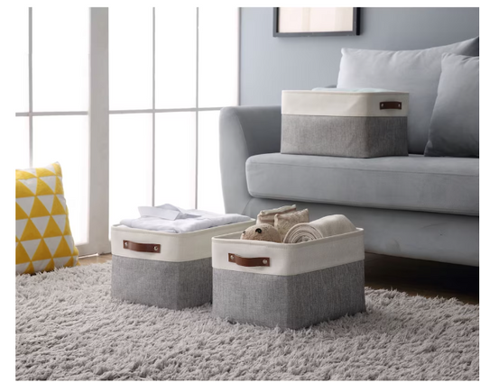 DECOMOMO Large 6 Packs Foldable Storage Bin with Handles - Grey and White - 12" X 16" X 4" (Set of 6)-A2ZHOME