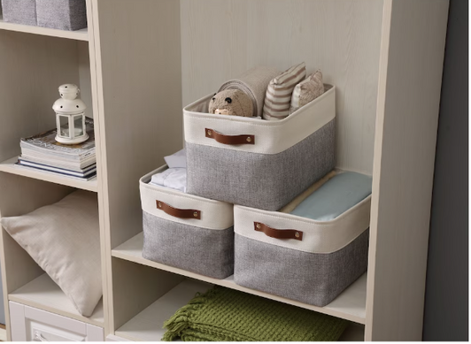 DECOMOMO Large 6 Packs Foldable Storage Bin with Handles - Grey and White - 12" X 16" X 4" (Set of 6)-A2ZHOME