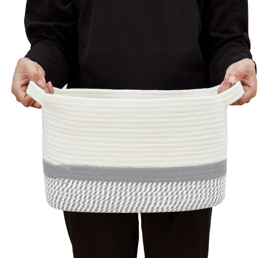 DECOMOMO Cotton Rope Baskets Woven Foldable Storage Bin with Handles - Spiral Light Grey And White (11" X 13" X 6") - Set of 3-A2ZHOME