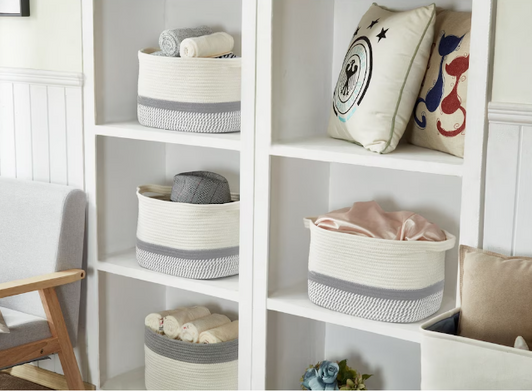 DECOMOMO Cotton Rope Baskets Woven Foldable Storage Bin with Handles - Spiral Light Grey And White (11" X 13" X 6") - Set of 3-A2ZHOME