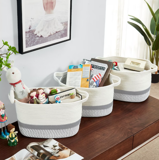 DECOMOMO Cotton Rope Baskets Woven Foldable Storage Bin with Handles - Spiral Light Grey And White (11" X 13" X 6") - Set of 3-A2ZHOME