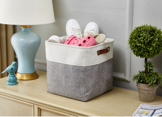 DECOMOMO Cube 12" Foldable Storage Bin with Handles - Grey And White (13" X 13" X 4") - Set of 4-A2ZHOME