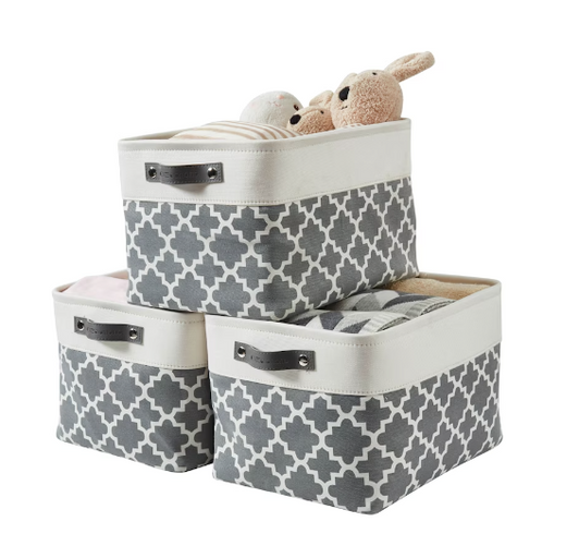 DECOMOMO Large Foldable Storage Bin with Handles - Pattern Grey and White - Set of 3 - 12" X 16" X 4"-A2ZHOME