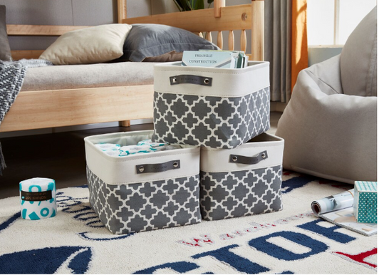 DECOMOMO Large Foldable Storage Bin with Handles - Pattern Grey and White - Set of 3 - 12" X 16" X 4"-A2ZHOME