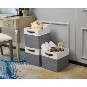DECOMOMO 13" Cube Collapsible Sturdy Storage Bin - Grey And White - 13" x 13" x 4" (Set of 4)-A2ZHOME