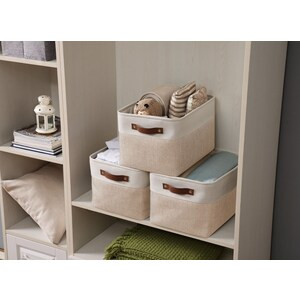 DECOMOMO Extra Large Foldable Fabric Storage Bin W/Handles - Beige and White (14" x 16" x 4") - Set of 3-A2ZHOME