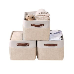 DECOMOMO Extra Large Foldable Fabric Storage Bin W/Handles - Beige and White (14" x 16" x 4") - Set of 3-A2ZHOME