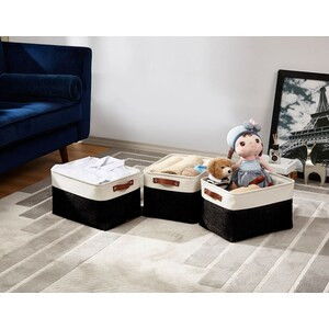 DECOMOMO Large Foldable Fabric Storage Bin W/Handles - Black and White (12" x 16" x 4") - Set of 3-A2ZHOME
