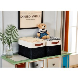 DECOMOMO Large Foldable Fabric Storage Bin W/Handles - Black and White (12" x 16" x 4") - Set of 3-A2ZHOME
