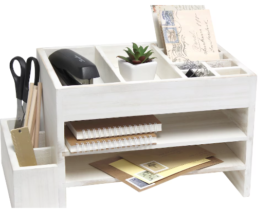Elegant Designs 15.5 Inch White Wash Home Office Tiered Desk Organizer with Storage Cubbies and Letter Tray - 11"x11"x18"-A2ZHOME