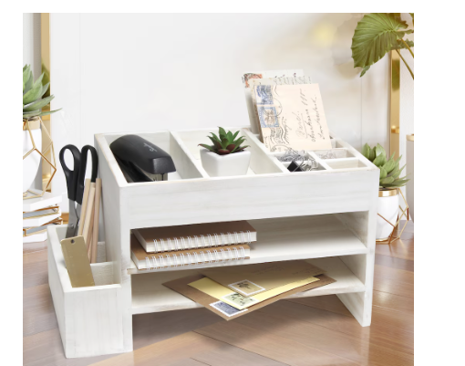 Elegant Designs 15.5 Inch White Wash Home Office Tiered Desk Organizer with Storage Cubbies and Letter Tray - 11"x11"x18"-A2ZHOME