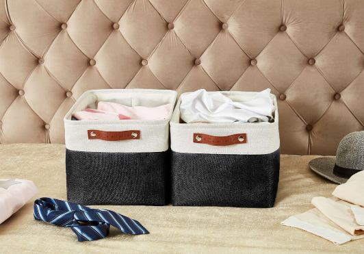 DECOMOMO Extra Large Foldable Fabric Storage Bin with Handles - Black and White (Set of 3) - 14"x16"x4"-A2ZHOME