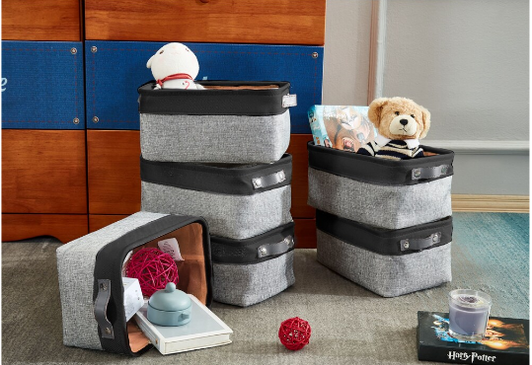 DECOMOMO Small 6 Packs Foldable Storage Bin with Handles - Grey and Black (Set of 6) - 11"x13"x6"-A2ZHOME