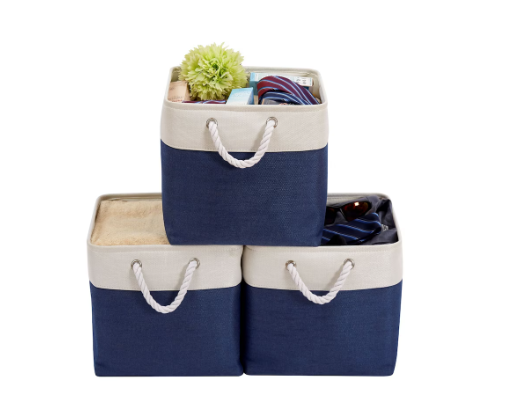 DECOMOMO 13" Cube 3 Packs Foldable Storage Bin with Rope Handles - Navy Blue and White (Set of 3) - 13"x13"x4"-A2ZHOME
