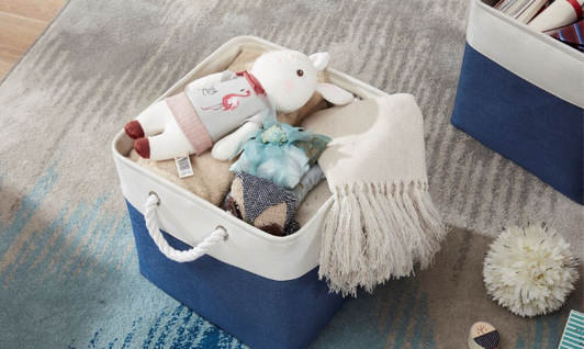 DECOMOMO 13" Cube 3 Packs Foldable Storage Bin with Rope Handles - Navy Blue and White (Set of 3) - 13"x13"x4"-A2ZHOME