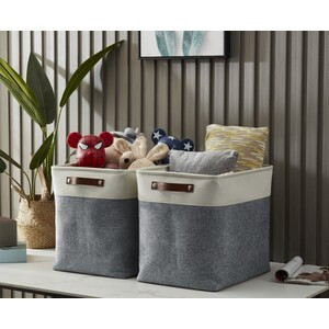 DECOMOMO Jumbo Foldable Storage Bin with Handles - Slate Grey and White (Set of 3) - 14"x18"x4"-A2ZHOME