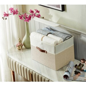 DECOMOMO Collapsible Sturdy Storage Bin with Lid - Beige and White (Set of 3) - 12"x16"x6"-A2ZHOME