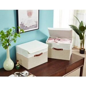 DECOMOMO Collapsible Sturdy Storage Bin with Lid - Beige and White (Set of 3) - 12"x16"x6"-A2ZHOME