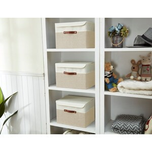 DECOMOMO Collapsible Sturdy Storage Bin with Lid - Beige and White (Set of 3) - 12"x16"x6"-A2ZHOME