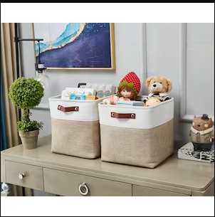 DECOMOMO Cube 11" Foldable Storage Bin with Handles - Beige and White (Set of 4) - 11"x13"x6"-A2ZHOME