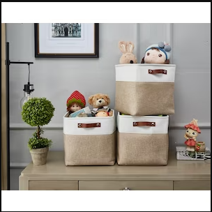 DECOMOMO Cube 11" Foldable Storage Bin with Handles - Beige and White (Set of 4) - 11"x13"x6"-A2ZHOME