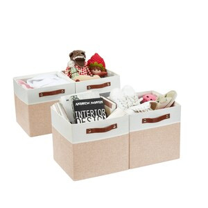 DECOMOMO 13" Cube Collapsible Sturdy Storage Bin - Beige and White (Set of 4) - 13"x13"x4"-A2ZHOME