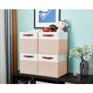 DECOMOMO 13" Cube Collapsible Sturdy Storage Bin - Beige and White (Set of 4) - 13"x13"x4"-A2ZHOME