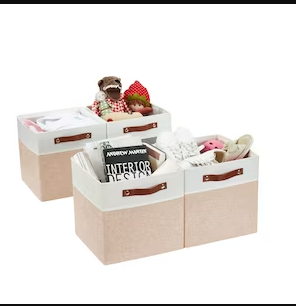 DECOMOMO 11" Cube Collapsible Sturdy Storage Bins - Beige and White (Set of 4) - 11"x13"x6"-A2ZHOME
