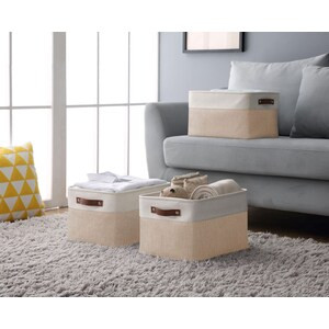 DECOMOMO Large 4-Pack Foldable Storage Bins with Handles - Beige and White (Set of 4) - 12"x16"x4"-A2ZHOME