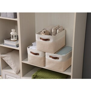 DECOMOMO Large 4-Pack Foldable Storage Bins with Handles - Beige and White (Set of 4) - 12"x16"x4"-A2ZHOME