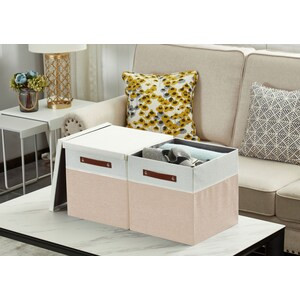 DECOMOMO 11" Stackable 3 Packs Foldable Storage Bins with Lids - Beige and White (Set of 3) - 11"x11"x3"-A2ZHOME