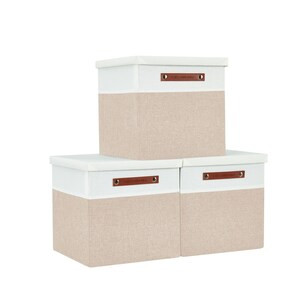 DECOMOMO 11" Stackable 3 Packs Foldable Storage Bins with Lids - Beige and White (Set of 3) - 11"x11"x3"-A2ZHOME