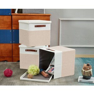 DECOMOMO 11" Stackable 3 Packs Foldable Storage Bins with Lids - Beige and White (Set of 3) - 11"x11"x3"-A2ZHOME