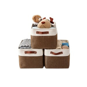 DECOMOMO Large Foldable Fabric Storage Bin with Handles - Brown and White (Set of 3) - 12"x16"x4"-A2ZHOME