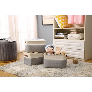 DECOMOMO Large Foldable Storage Bin with Handles - Grey and White (12"x16"x4") - Set of 3-A2ZHOME
