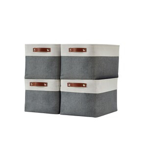 DECOMOMO Large 4-Pack Foldable Storage Bin with Handles - Slate Grey and White (Set of 4) - 12"x16"x4"-A2ZHOME