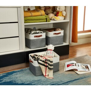 DECOMOMO Large 4-Pack Foldable Storage Bin with Handles - Slate Grey and White (Set of 4) - 12"x16"x4"-A2ZHOME